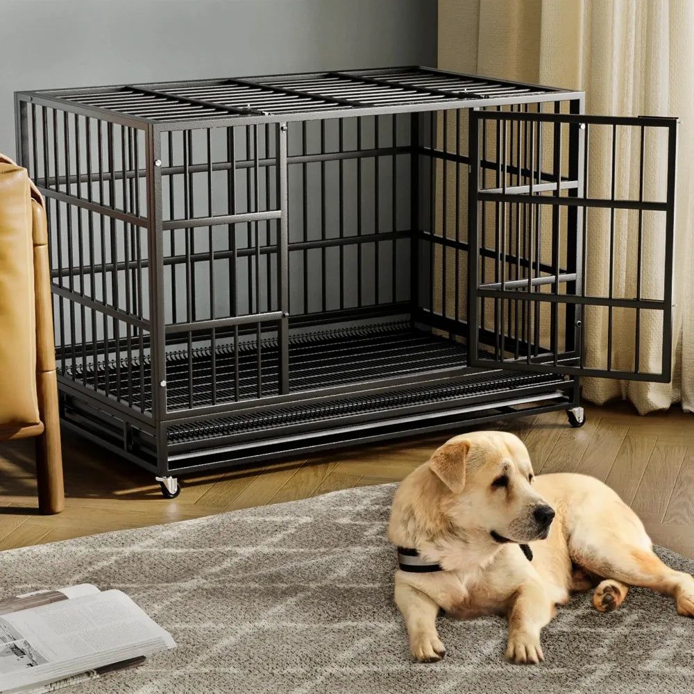 48 Inch Heavy Duty Dog Crate with Wheels for Indoor and Outdoor, Large Dog Kennel with Removable Tray
