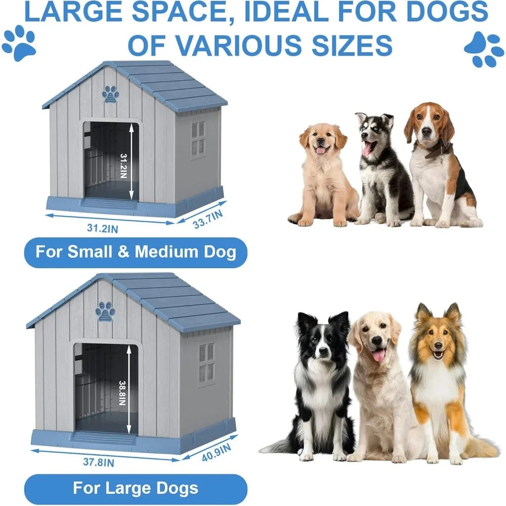 31" Indoor/Outdoor Resin Dog House – Large Shelter with Air Vents, Elevated Floor & Windows – Waterproof, Durable