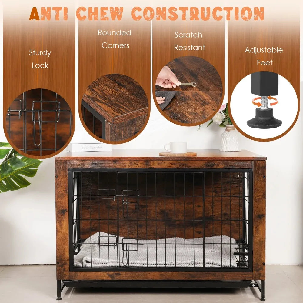 Dog Crate Furniture Kennel, Medium/Large Dog 38.5 inch Doble Dogs Crate with Storage Drawers, Side End Table Indoor Wooden Dogs