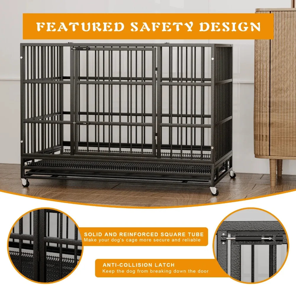 48 Inch Heavy Duty Dog Crate with Wheels for Indoor and Outdoor, Large Dog Kennel with Removable Tray