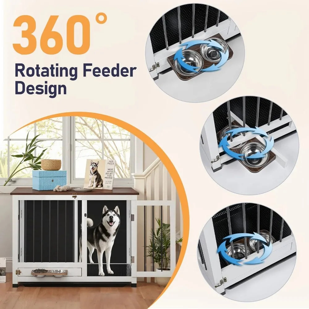 39.4" Dog Crate Furniture, Wooden Kennel with 360° Rotating Feeder & Removable Tray, Sturdy End Table for Medium & Large Dogs