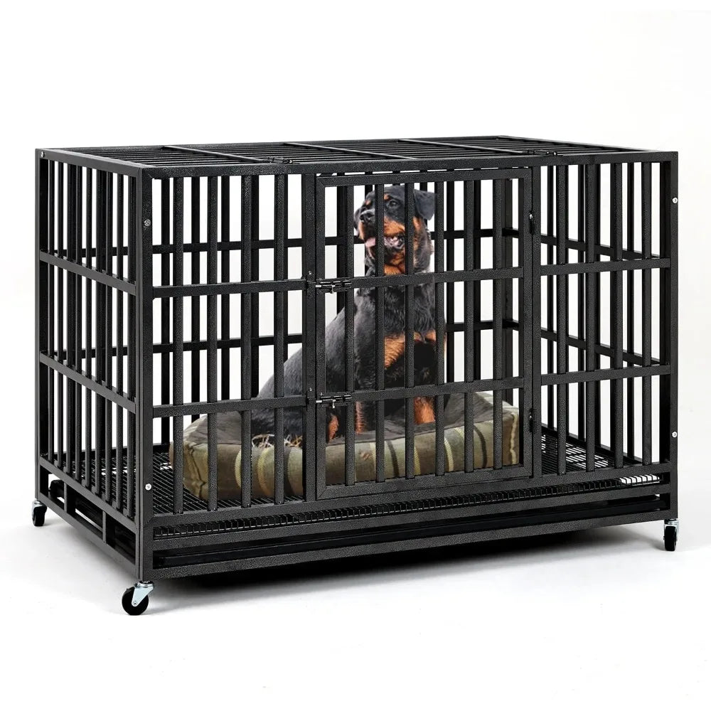 48 inch Heavy Duty Indestructible Dog Crate Steel Escape Proof, Indoor Double Door High Anxiety Cage, Kennel with Wheels