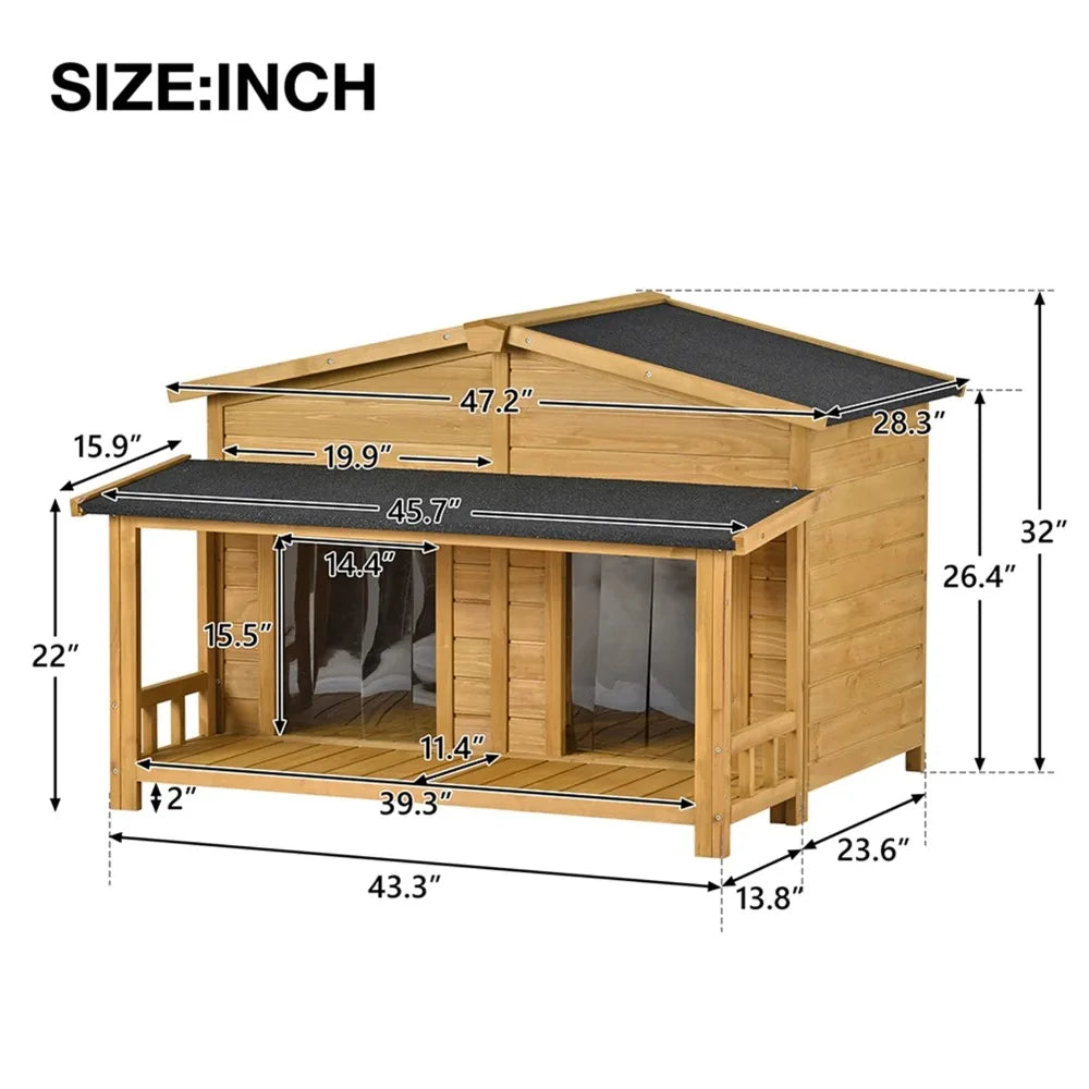 47" Outdoor Wood Dog House with Porch, 2 Doors,  Pet Kennel for Indoor Dogs, Cabin Style Cat Shelter, Beige