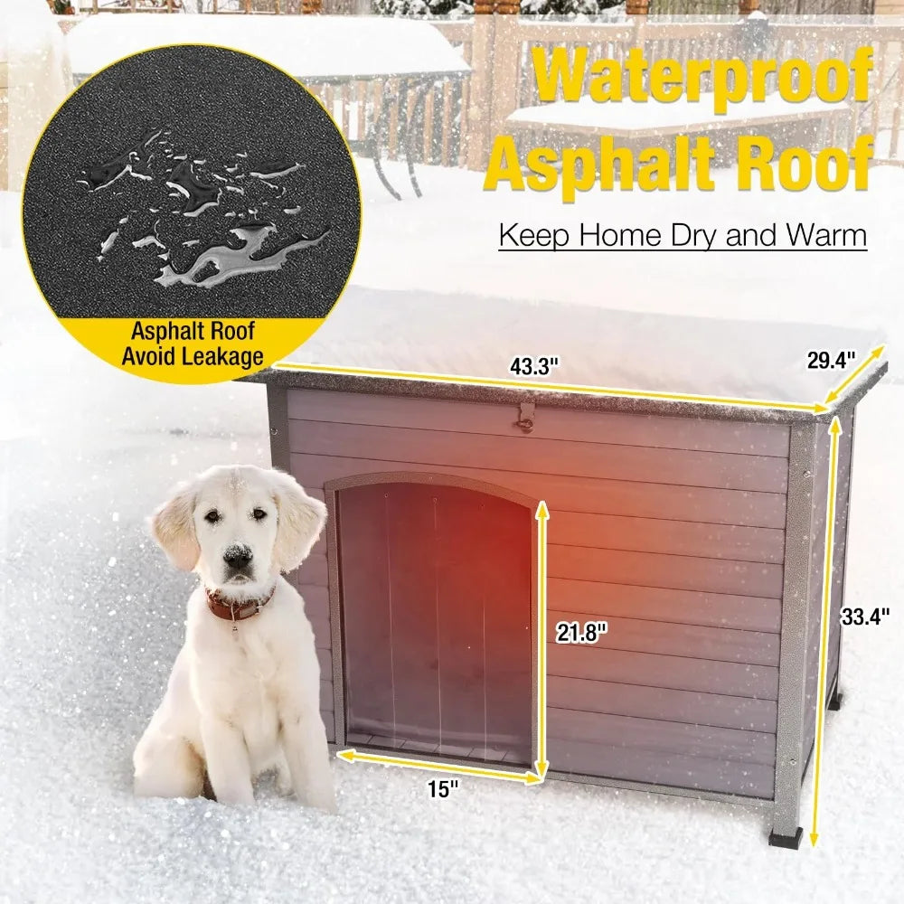 Heated Outdoor Dog House with Heating Pad & Insulated Liner, Winter Weatherproof Anti-Chewing Dog Kennel, Iron, Gray