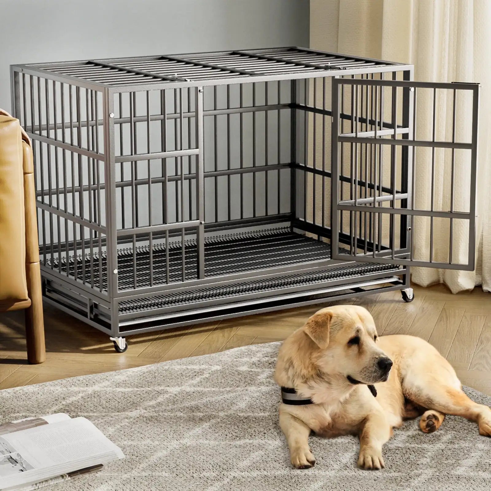 48 Inch Heavy Duty Dog Crate with Wheels for Indoor and Outdoor, Large Dog Kennel with Removable Tray