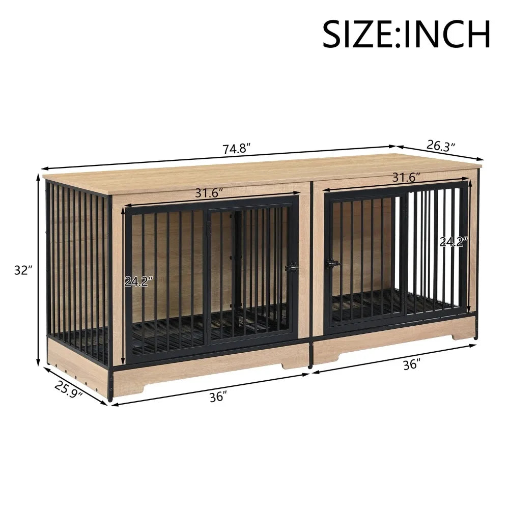 75" Dog Cage, Large Double Dogs Crate Furniture, XL Thick Wooden Dogs Crate Furniture TV Stand,Dog Kennel Crate with Divider