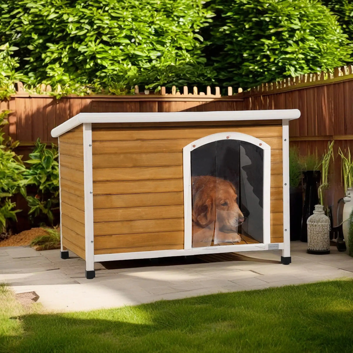 45" Outdoor Insulated Wood Dog Houses, Weatherproof Dog House with Door Wooden Pet Cat House Shelter with Plastic Curtain, Brown