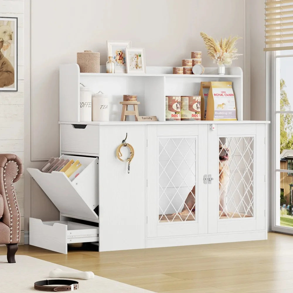 Dog Crate with Storage Cabinet and Feeding Station, Indoor Furniture Style Wooden Large Dog Kennel, White