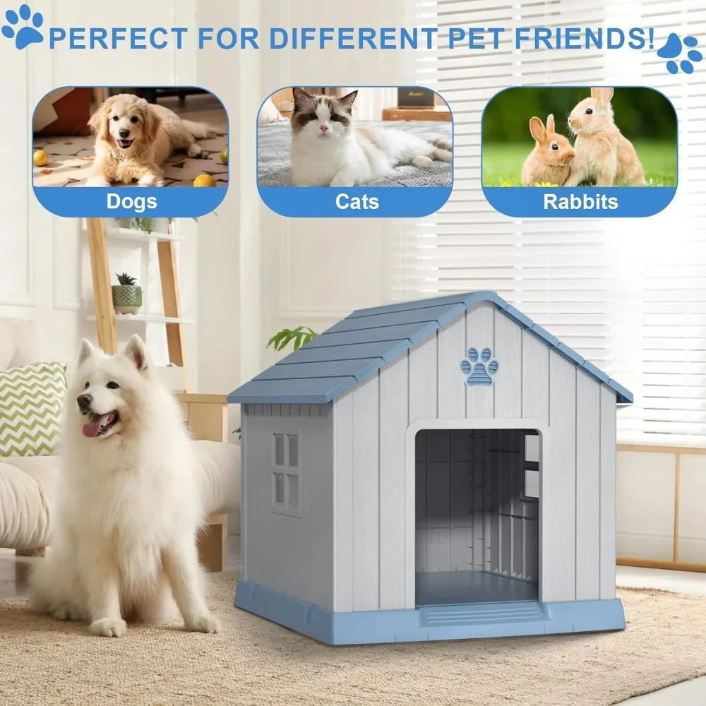 31" Indoor/Outdoor Resin Dog House – Large Shelter with Air Vents, Elevated Floor & Windows – Waterproof, Durable