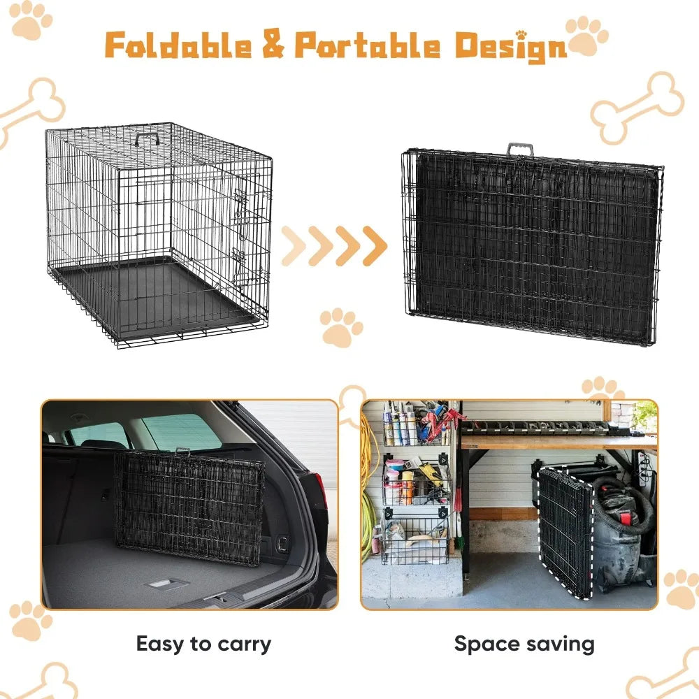Big Dog Crate with Divider Panel, 48 Inch Double Door Folding Metal Wire Dog Cage with Plastic Leak-Proof Pan Tray