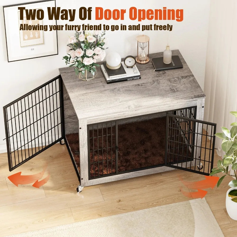 Wooden Dog Crate Furniture with Cushion, Double Doors Wooden Dog Kennel Indoor with Wheels