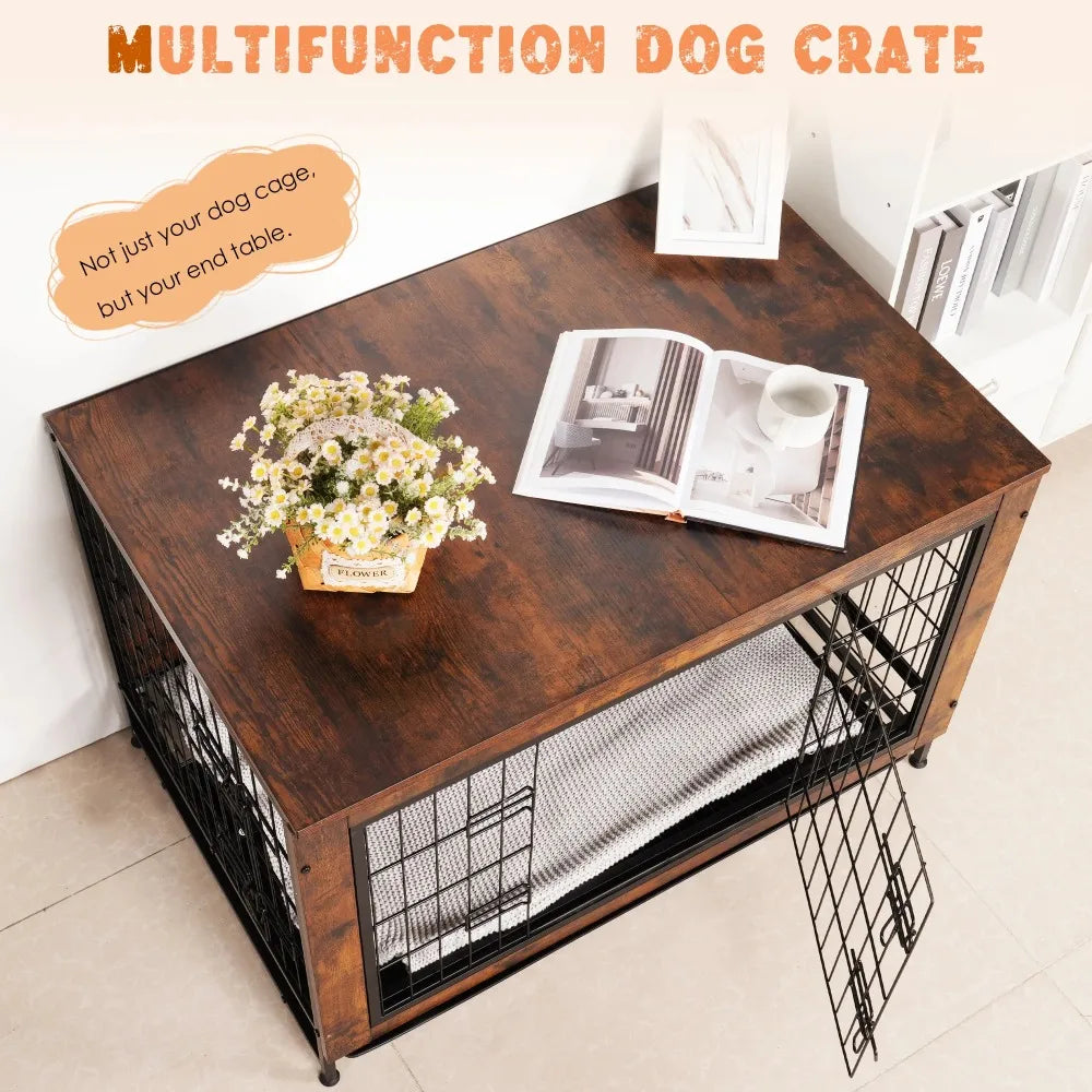 Dog Crate Furniture Kennel, Medium/Large Dog 38.5 inch Doble Dogs Crate with Storage Drawers, Side End Table Indoor Wooden Dogs