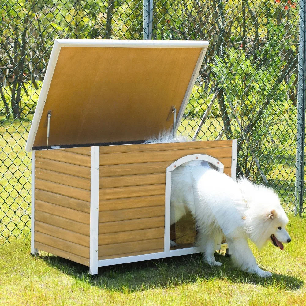45" Outdoor Insulated Wood Dog Houses, Weatherproof Dog House with Door Wooden Pet Cat House Shelter with Plastic Curtain, Brown