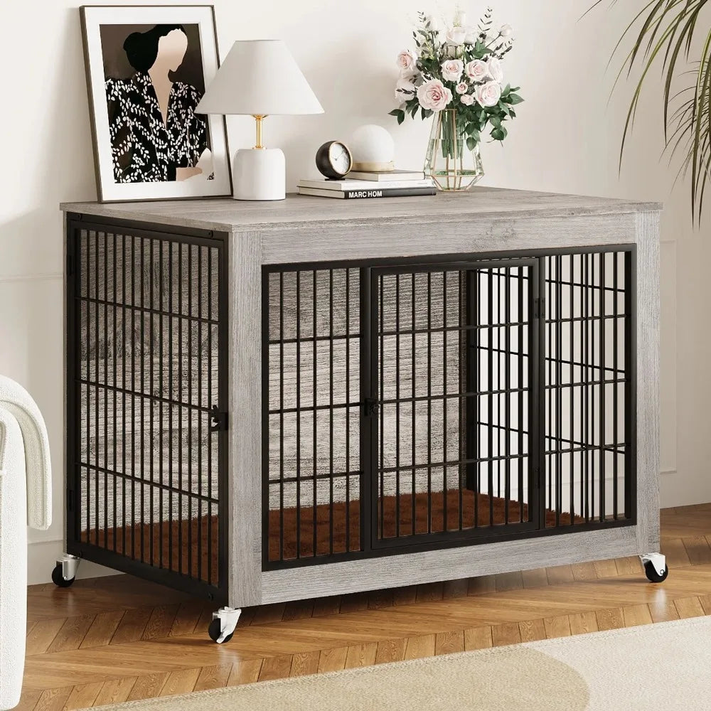 Wooden Dog Crate Furniture with Cushion, Double Doors Wooden Dog Kennel Indoor with Wheels