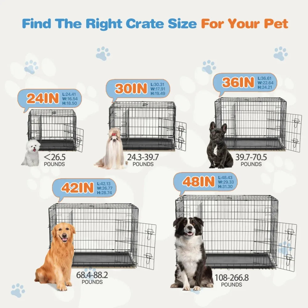 Big Dog Crate with Divider Panel, 48 Inch Double Door Folding Metal Wire Dog Cage with Plastic Leak-Proof Pan Tray