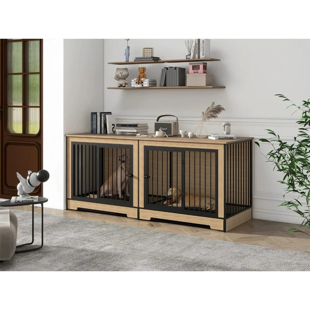 75" Dog Cage, Large Double Dogs Crate Furniture, XL Thick Wooden Dogs Crate Furniture TV Stand,Dog Kennel Crate with Divider