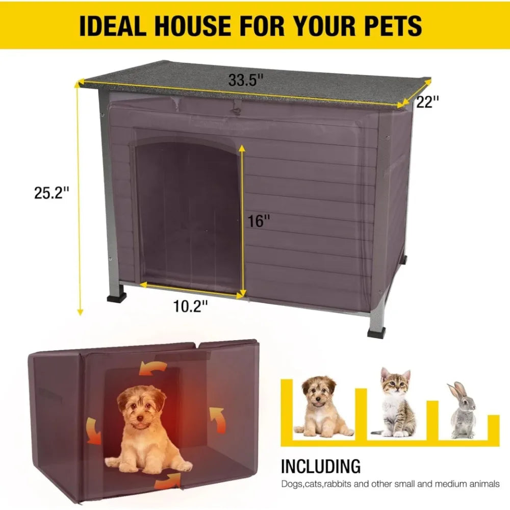 Insulated Dog House with Liner for Outdoor Winter Weatherproof Wooden Dog Kennel All-Around Iron Frame