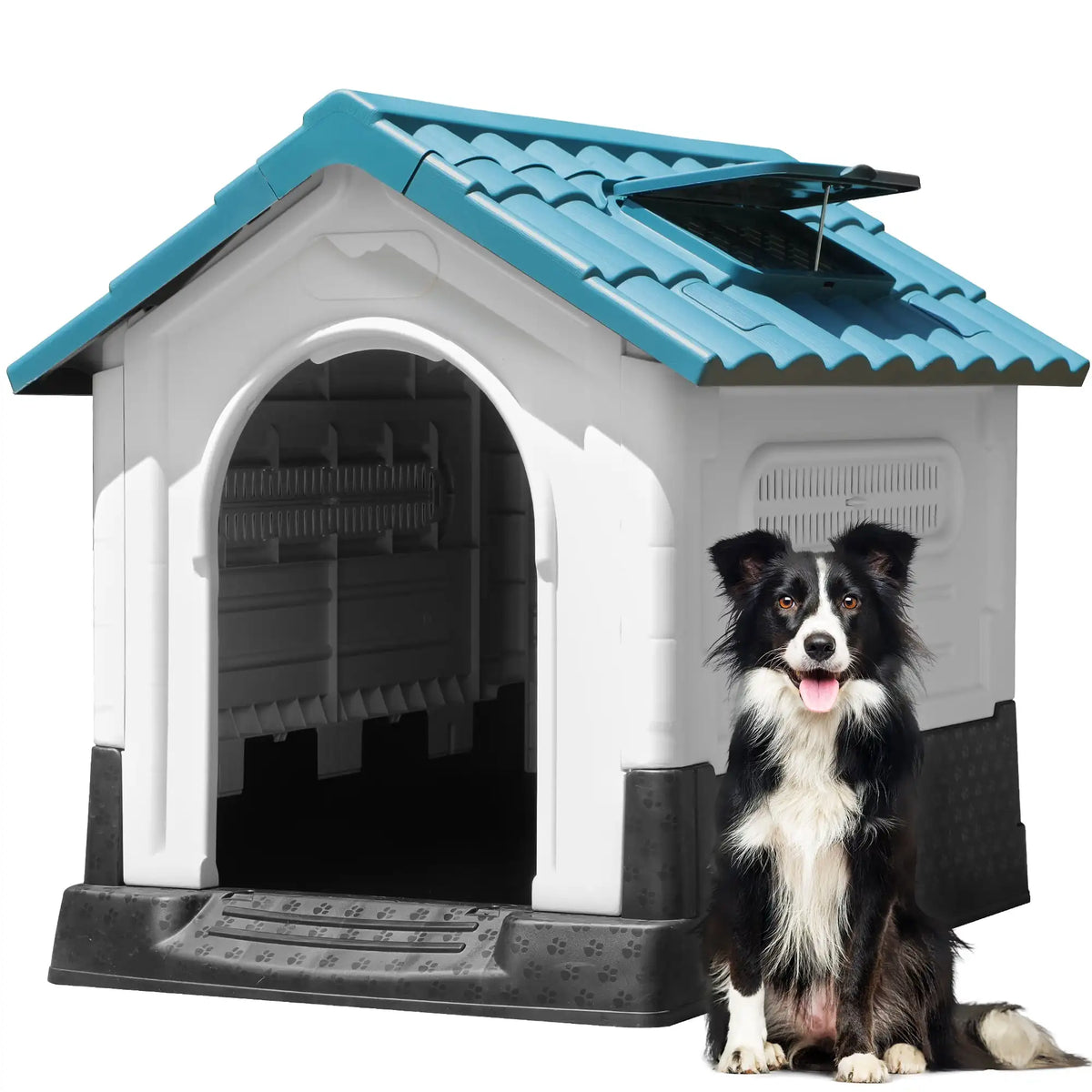 Folding Large Dog House Outdoor Plastic Doghouse with Adjustable Skylight and Elevated Base Water Resistant Pet House