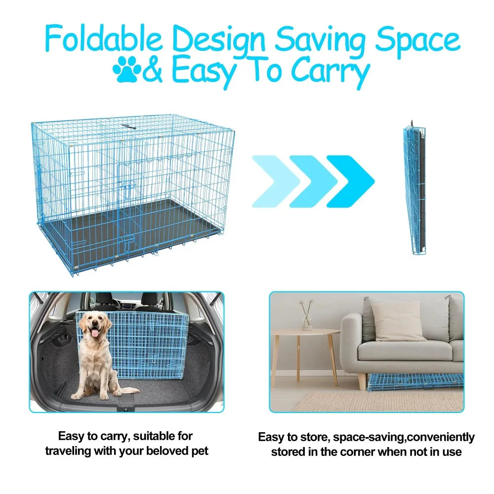 Durable Large Dog Crate, Folding Metal Dog Kennel Double Door Dog Cage with Plastic Tray, Wire Crate for Indoor Outdoor Travel