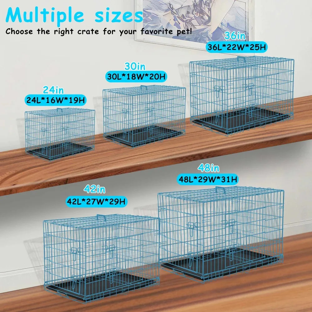 Durable Large Dog Crate, Folding Metal Dog Kennel Double Door Dog Cage with Plastic Tray, Wire Crate for Indoor Outdoor Travel