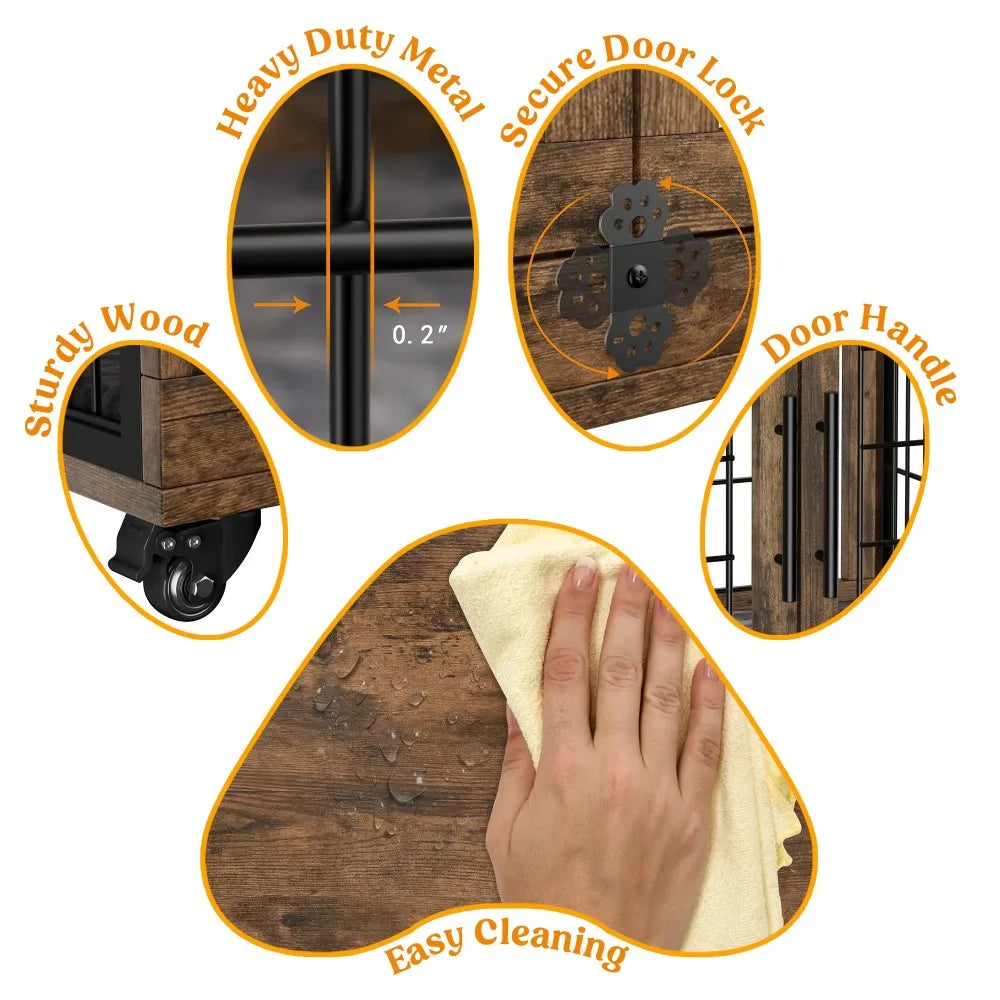 32-Inch Dog Crate With Padded, 2-Door Wooden Wheels, Indoor Dogs Kennel for Small to Medium