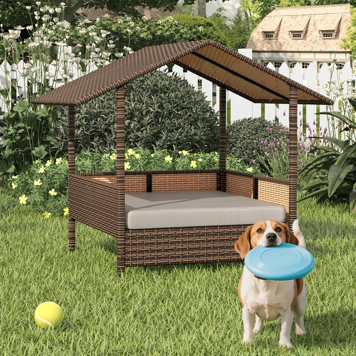 Wicker Dog House with Cushion for Small/Medium Dogs,Outdoor Indoor dog house with Canopy for Deck,Patio,Yard