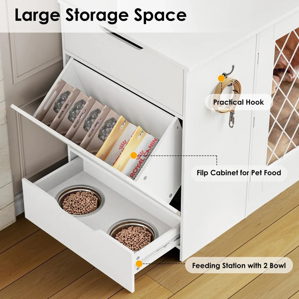 Dog Crate with Storage Cabinet and Feeding Station, Indoor Furniture Style Wooden Large Dog Kennel, White