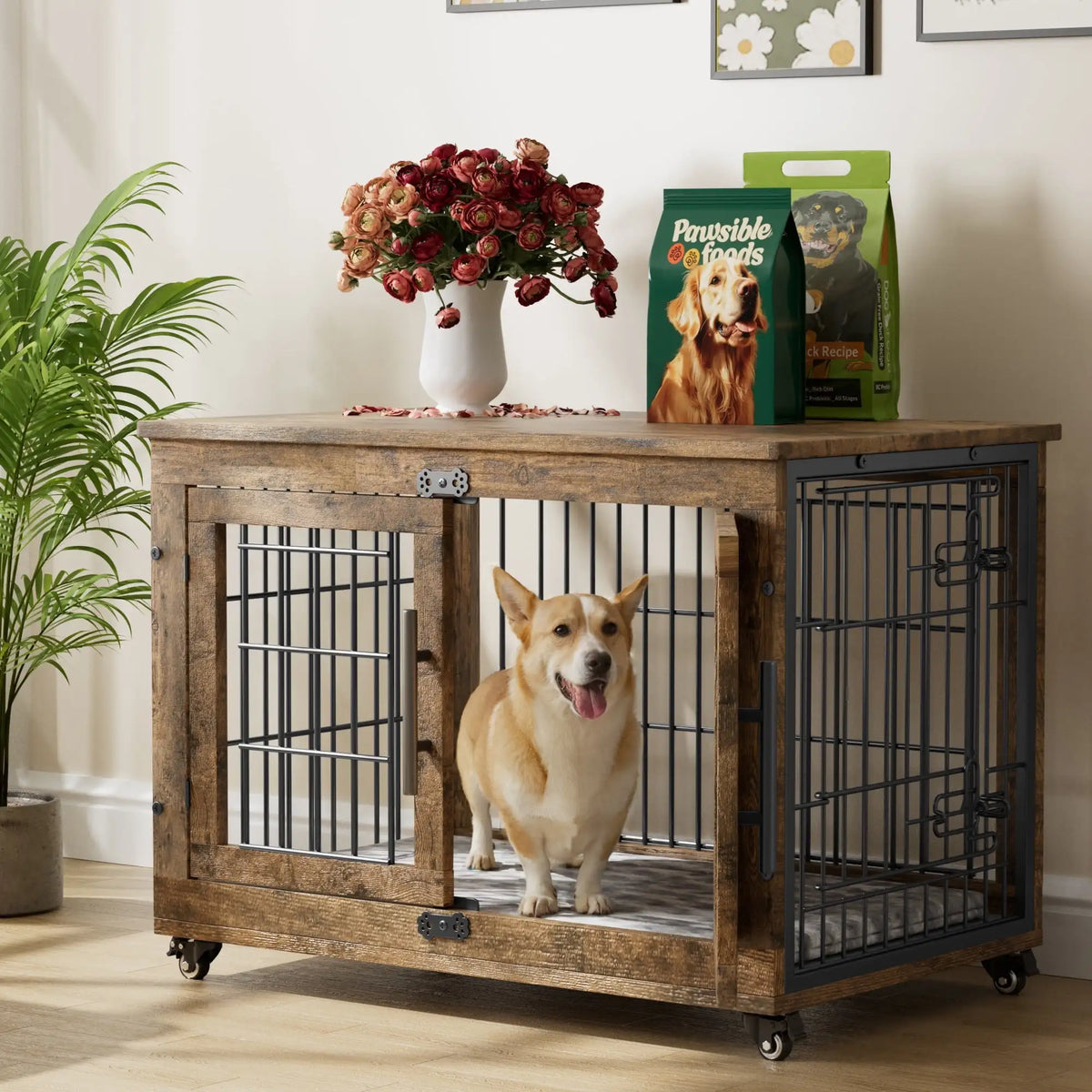 32-Inch Dog Crate With Padded, 2-Door Wooden Wheels, Indoor Dogs Kennel for Small to Medium