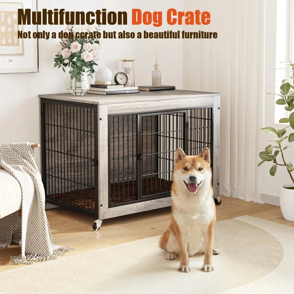 Wooden Dog Crate Furniture with Cushion, Double Doors Wooden Dog Kennel Indoor with Wheels