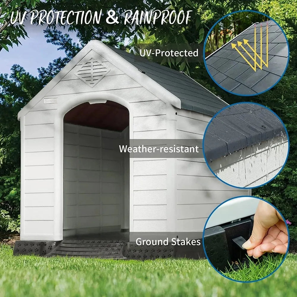 Plastic Dog House Outdoor Indoor for Small Medium Large Dogs,Waterproof Dog Houses with Elevated Floor and Air Vents, Ventilate
