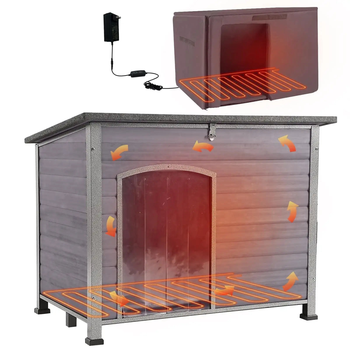 Heated Outdoor Dog House with Heating Pad & Insulated Liner, Winter Weatherproof Anti-Chewing Dog Kennel, Iron, Gray