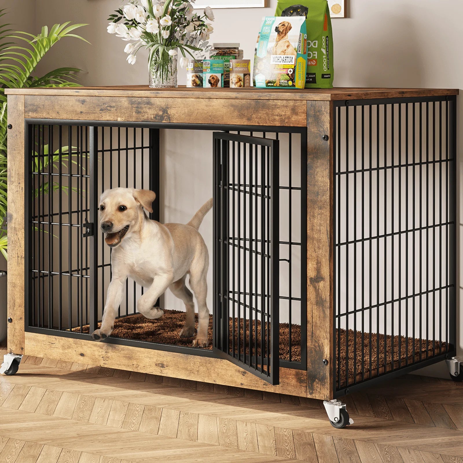 Wooden Dog Crate Furniture with Cushion, Double Doors Wooden Dog Kennel Indoor with Wheels