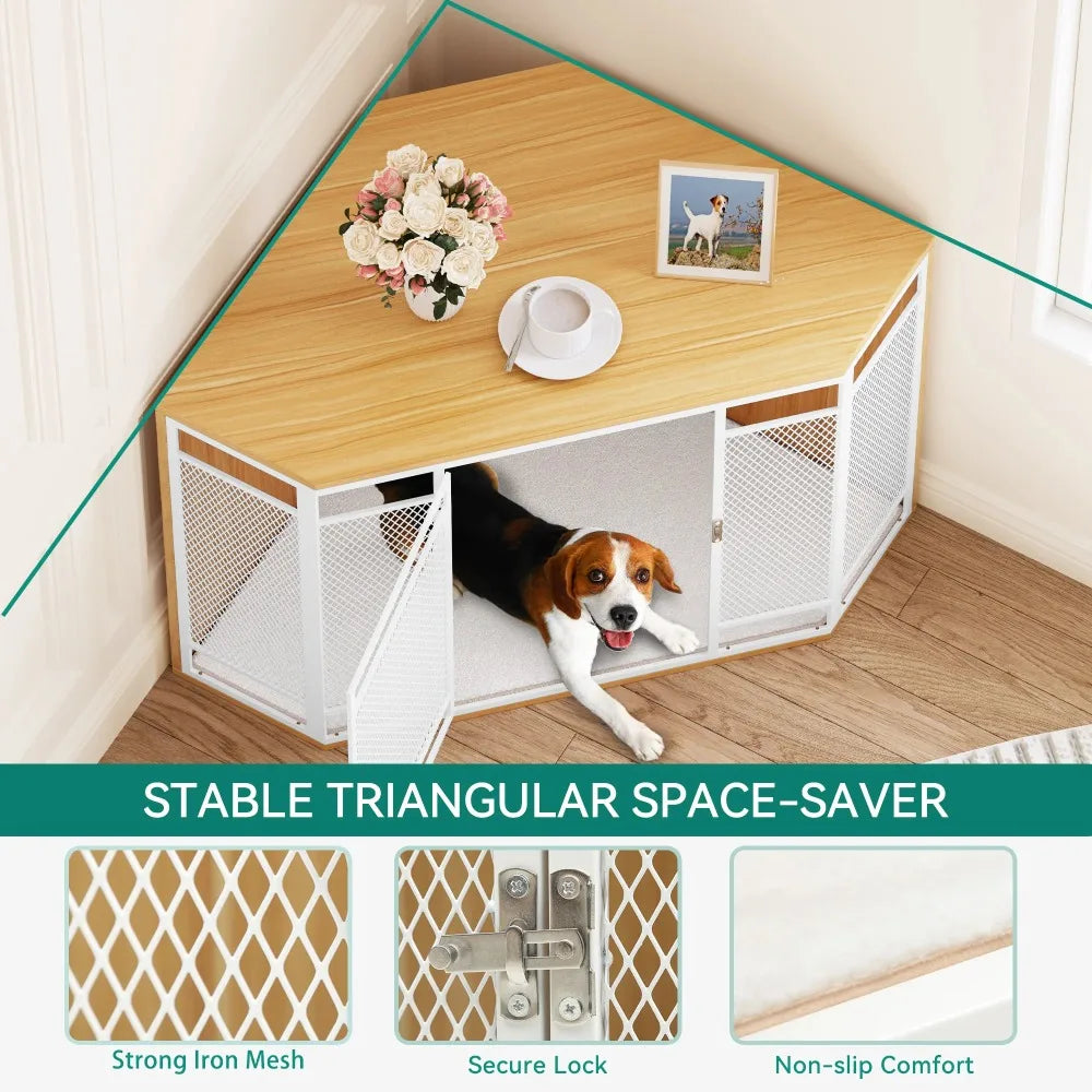 Corner Dog Crate Furniture, 43.7-inch Wooden Dog Kennel with Sturdy Metal Mesh, Multi-functional End Table, Indoor Dogs House