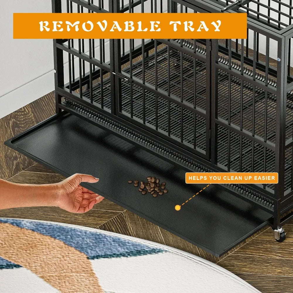 48 Inch Heavy Duty Dog Crate with Wheels for Indoor and Outdoor, Large Dog Kennel with Removable Tray