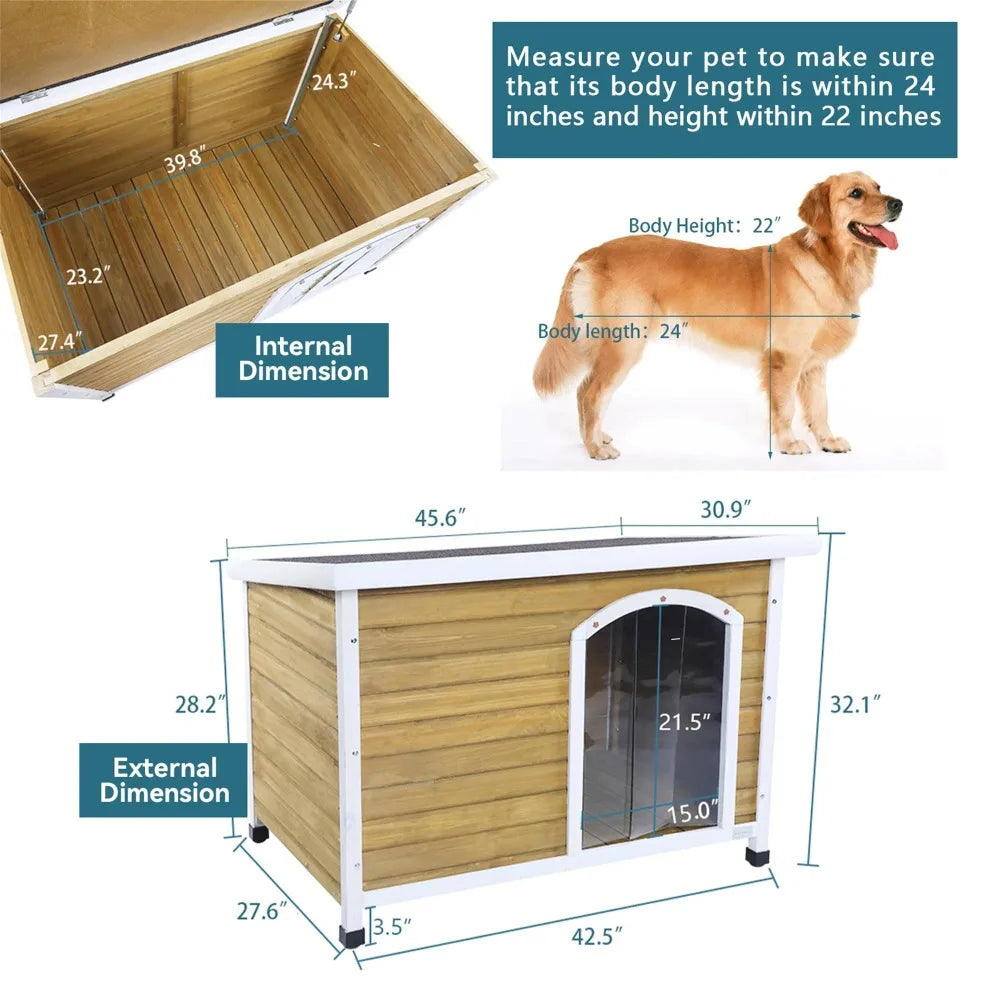 45" Outdoor Insulated Wood Dog Houses, Weatherproof Dog House with Door Wooden Pet Cat House Shelter with Plastic Curtain, Brown