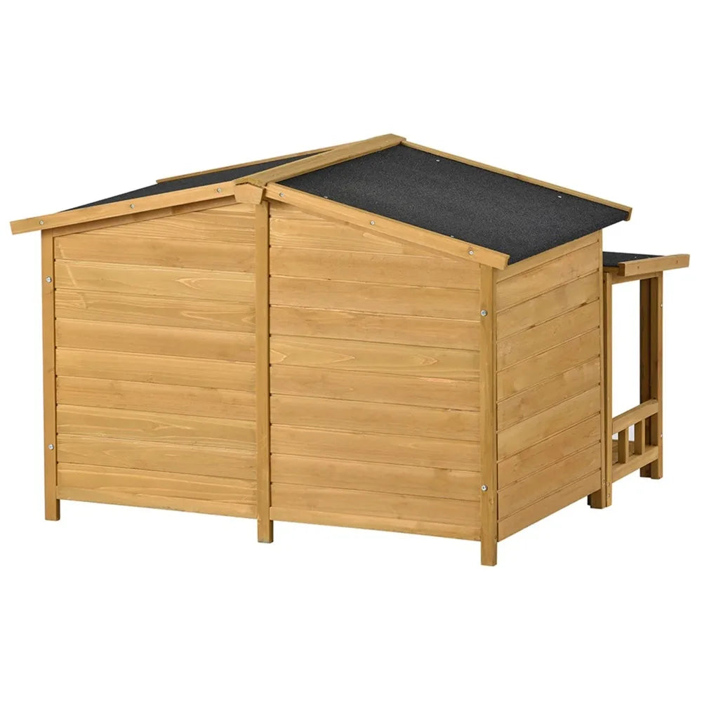 47" Outdoor Wood Dog House with Porch, 2 Doors,  Pet Kennel for Indoor Dogs, Cabin Style Cat Shelter, Beige