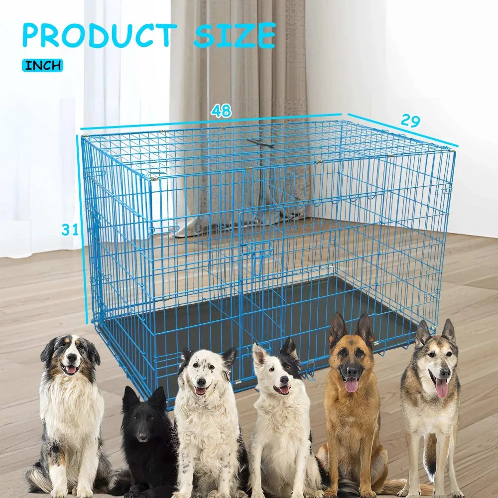 Durable Large Dog Crate, Folding Metal Dog Kennel Double Door Dog Cage with Plastic Tray, Wire Crate for Indoor Outdoor Travel