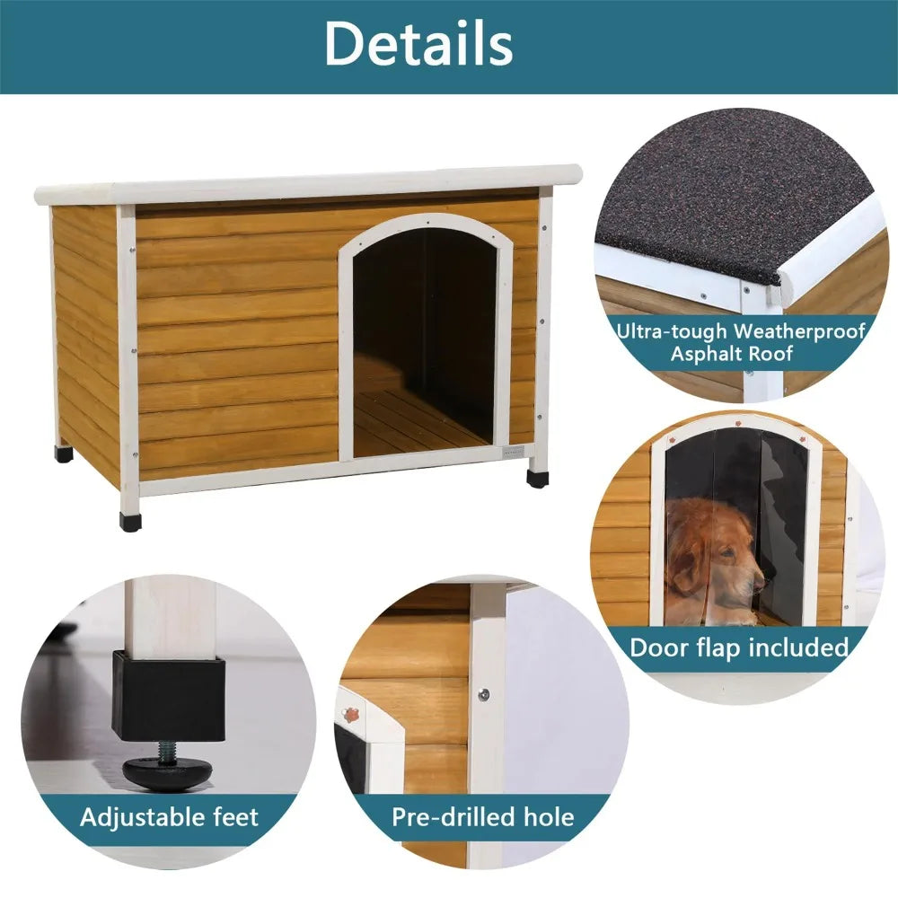45" Outdoor Insulated Wood Dog Houses, Weatherproof Dog House with Door Wooden Pet Cat House Shelter with Plastic Curtain, Brown