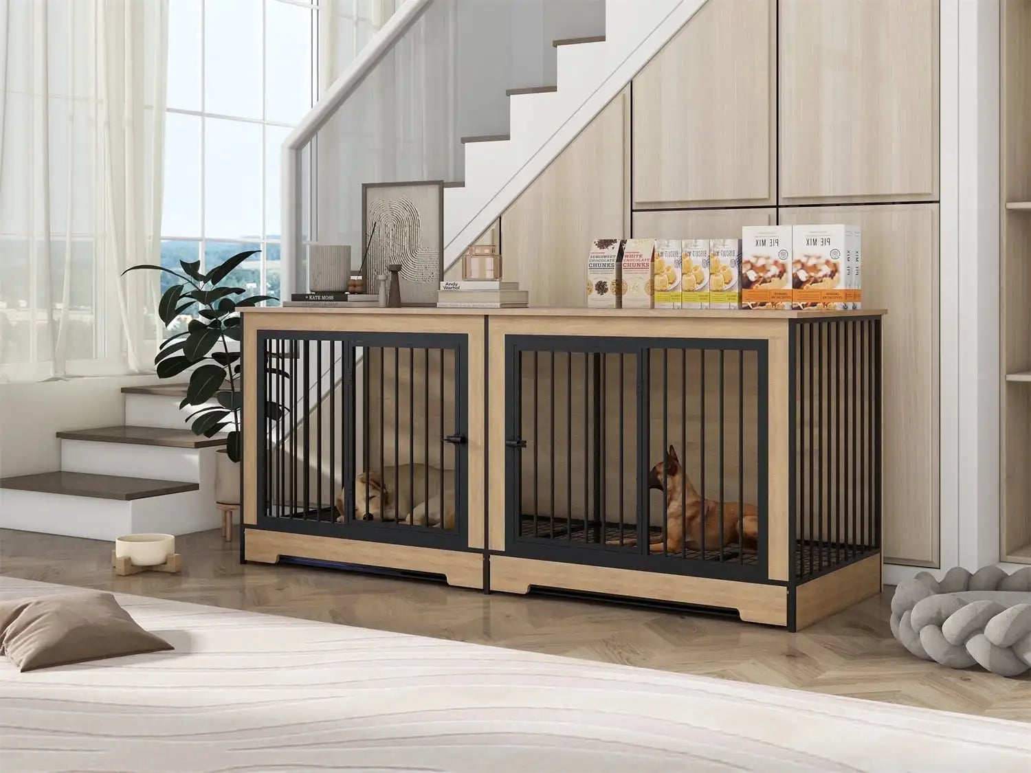 75" Dog Cage, Large Double Dogs Crate Furniture, XL Thick Wooden Dogs Crate Furniture TV Stand,Dog Kennel Crate with Divider