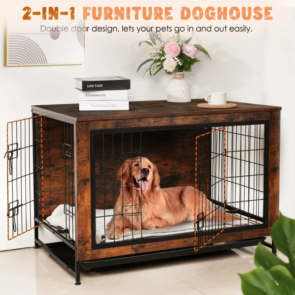 Dog Crate Furniture Kennel, Medium/Large Dog 38.5 inch Doble Dogs Crate with Storage Drawers, Side End Table Indoor Wooden Dogs