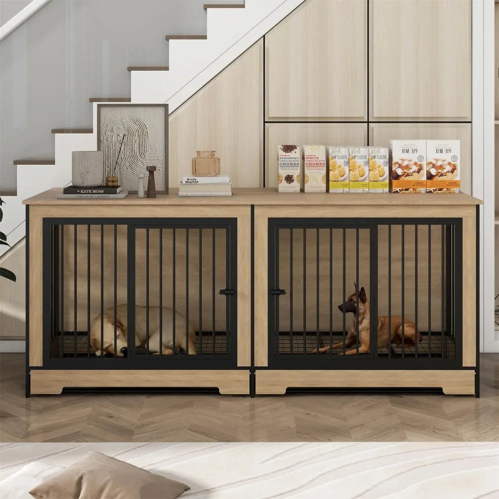 75" Dog Cage, Large Double Dogs Crate Furniture, XL Thick Wooden Dogs Crate Furniture TV Stand,Dog Kennel Crate with Divider