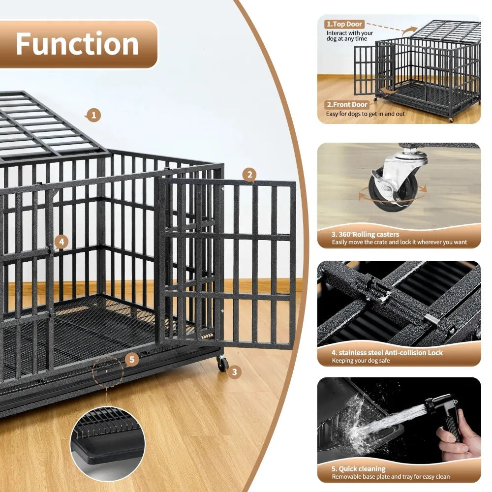 48 inch Heavy Duty Indestructible Dog Crate Steel Escape Proof, Indoor Double Door High Anxiety Cage, Kennel with Wheels