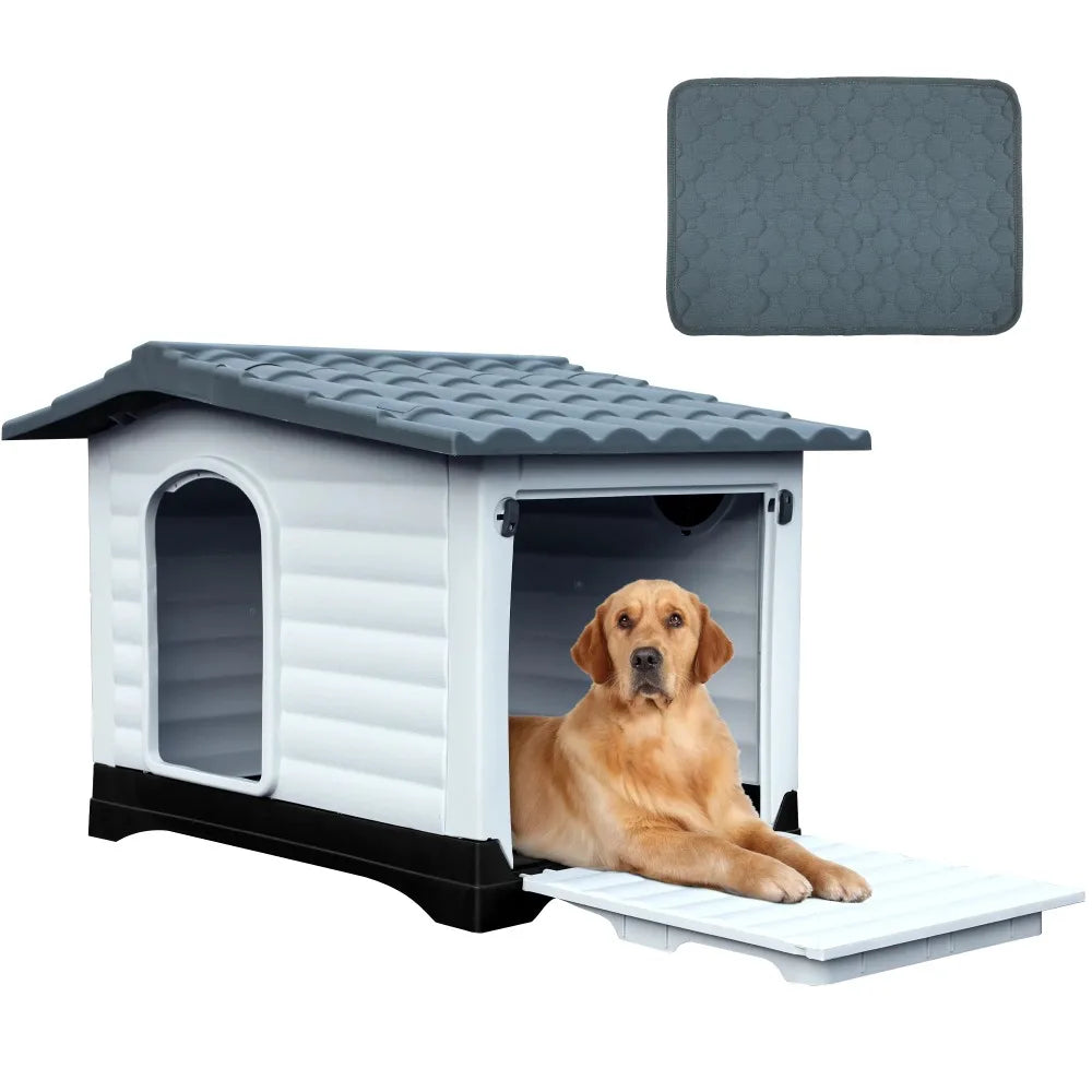 Large Plastic Dog House,Outdoor Waterproof Double Door Dog Houses with Elevated Base and Porch & Cushion,Durable Ventilate