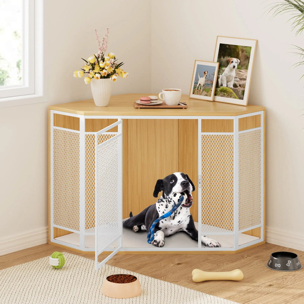 Corner Dog Crate Furniture, 43.7-inch Wooden Dog Kennel with Sturdy Metal Mesh, Multi-functional End Table, Indoor Dogs House