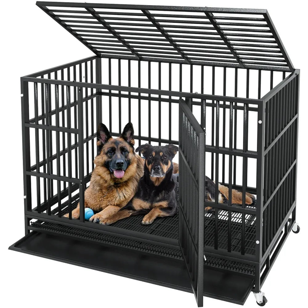 48 Inch Heavy Duty Dog Crate with Wheels for Indoor and Outdoor, Large Dog Kennel with Removable Tray