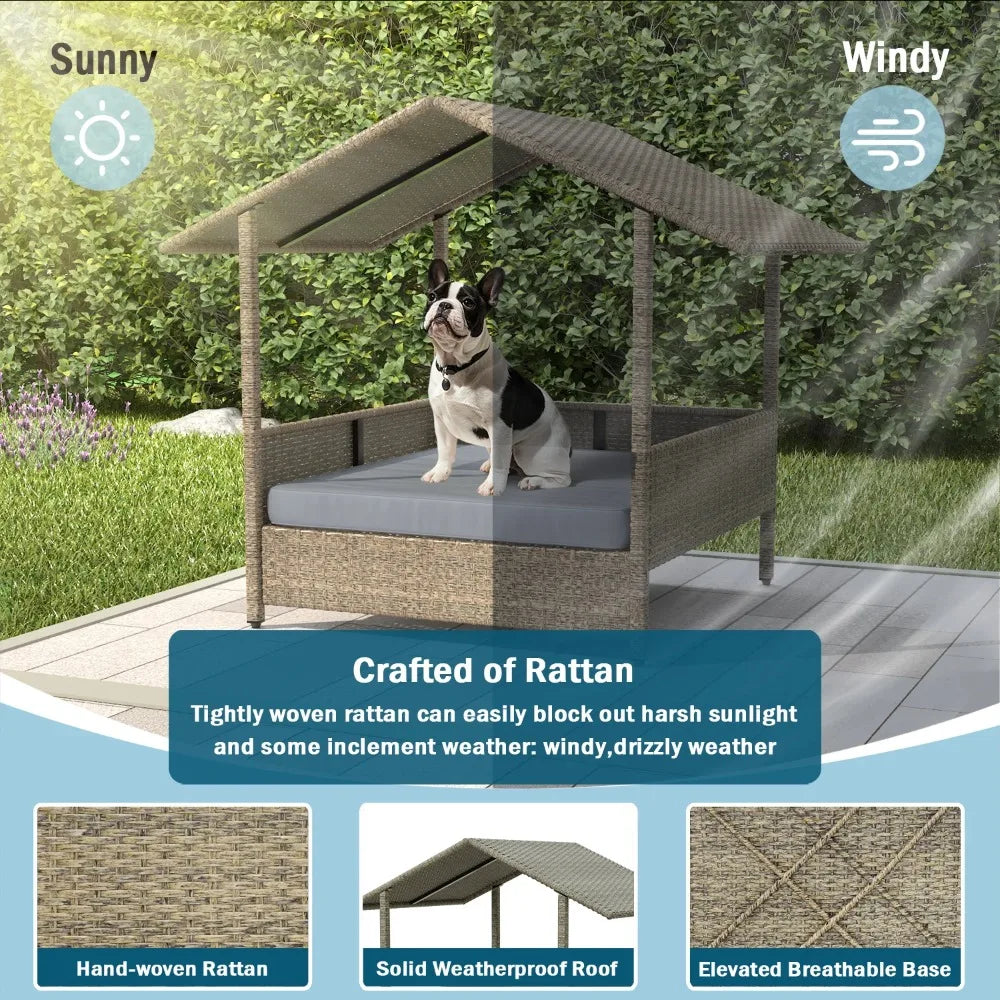 Wicker Dog House with Cushion for Small/Medium Dogs,Outdoor Indoor dog house with Canopy for Deck,Patio,Yard