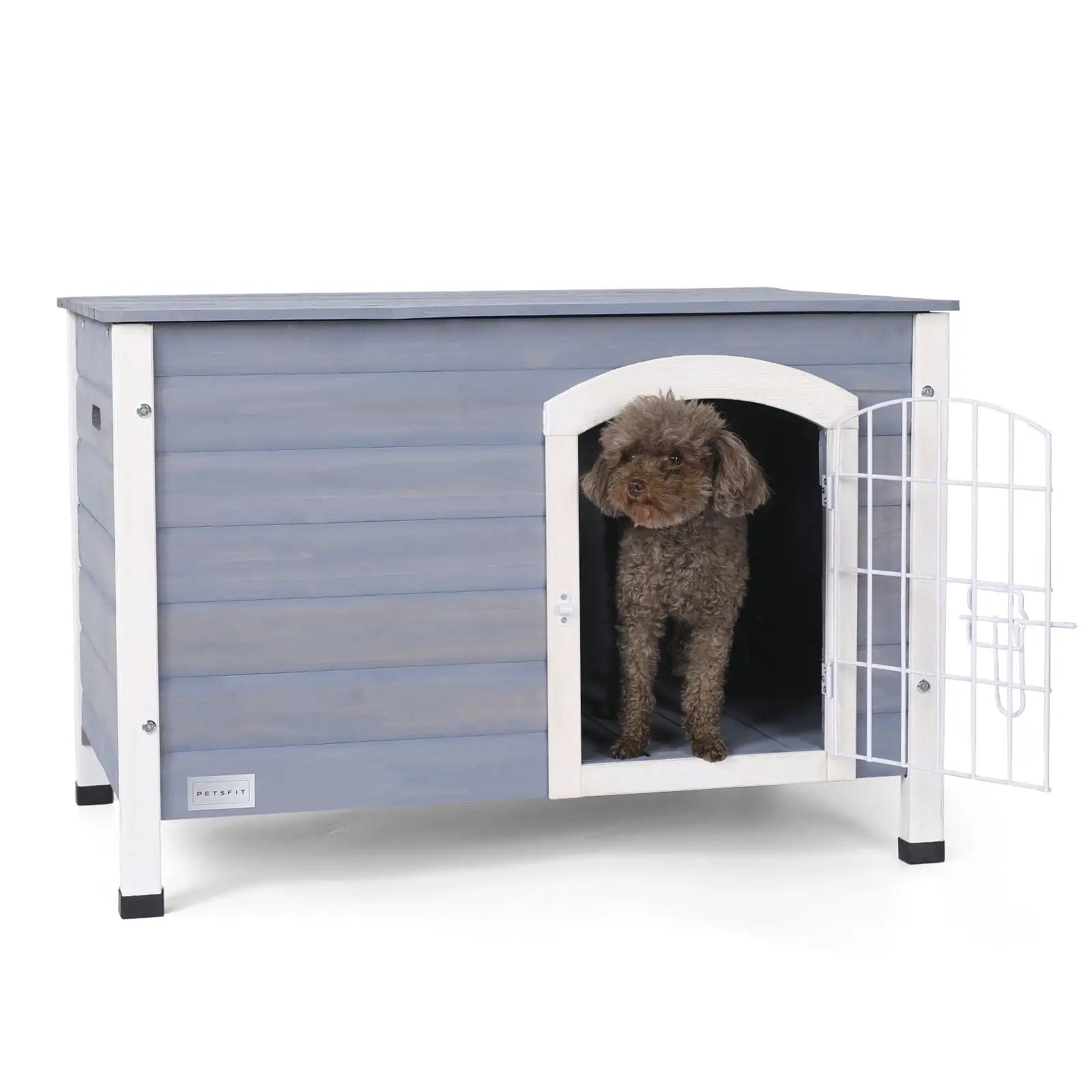 Indoor Dog House Ventilate Wood Cat Houses with Elevated Floor&Anti-Slip Bottom Gray