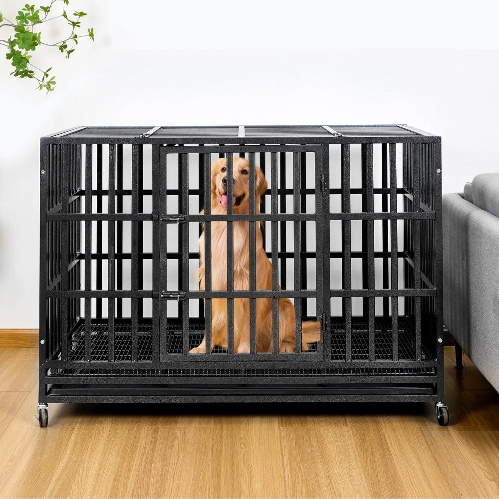 48 inch Heavy Duty Indestructible Dog Crate Steel Escape Proof, Indoor Double Door High Anxiety Cage, Kennel with Wheels