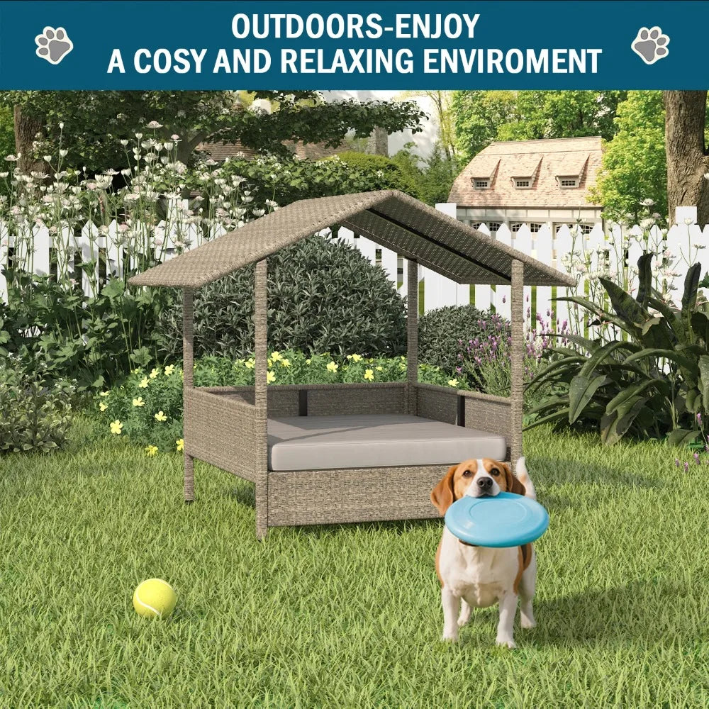 Wicker Dog House with Cushion for Small/Medium Dogs,Outdoor Indoor dog house with Canopy for Deck,Patio,Yard